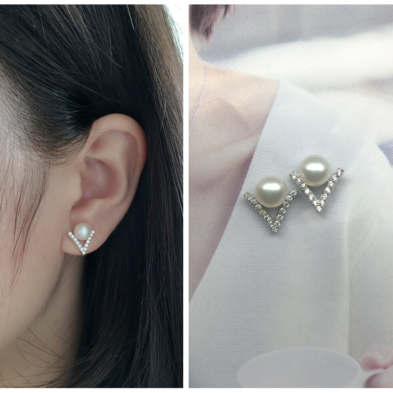 小绿叶 925银淡水真珍珠耳钉v型韩版女时尚气质优雅大气银耳饰