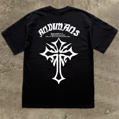 美式潮牌复古字母十字架印花长袖T恤重磅纯棉小领口300克打底衫男