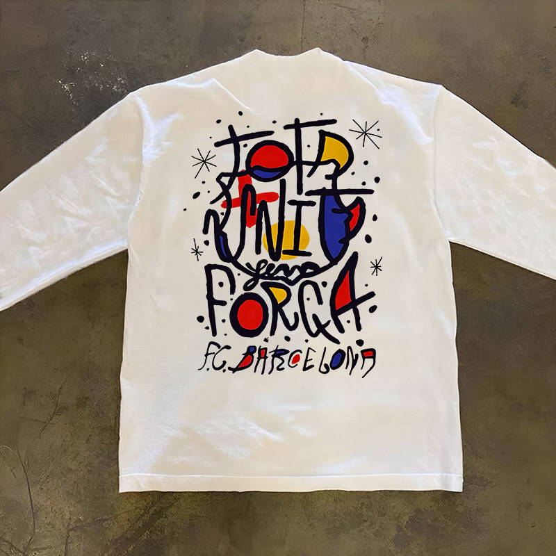 巴萨西甲夺冠短袖T恤男足球运动纯棉重磅小领口300克长袖涂鸦字母