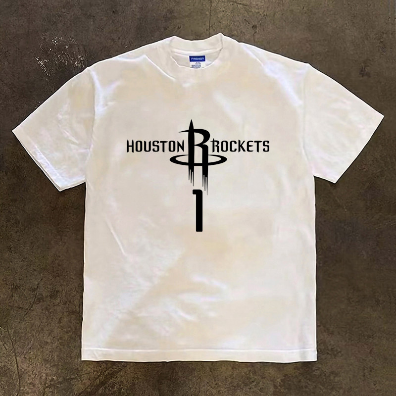 火箭队麦迪1号球衣篮球短袖T恤男纯棉重磅小领口休闲运动训练上衣