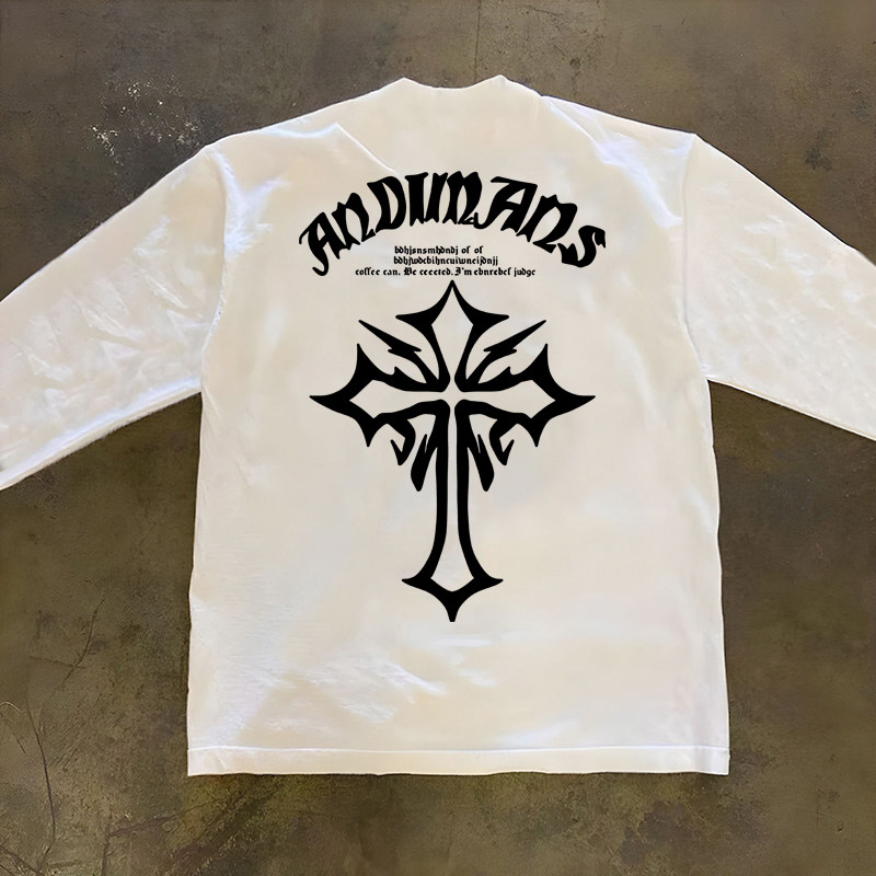 美式复古潮牌十字架涂鸦字母长袖T恤重磅纯棉小领口300克打底衫男