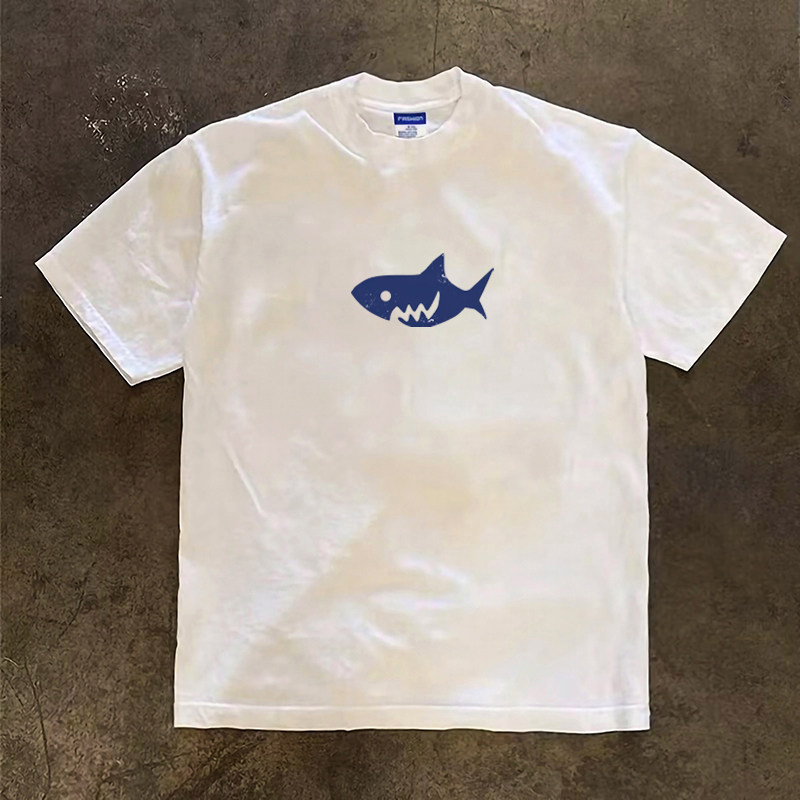 美式潮牌巨齿鲨鱼印花短袖T恤男户外简约休闲重磅小领口280克半袖