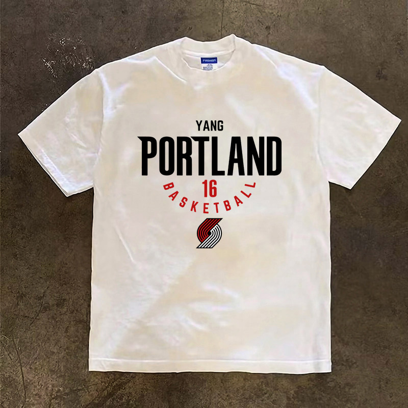 开拓者杨瀚森16号篮球球衣运动休闲短袖T恤重磅小领口半袖球服男