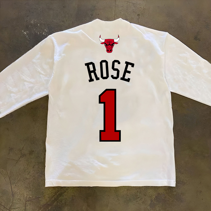 公牛队玫瑰罗斯1号篮球运动训练休闲长袖T恤潮牌重磅300克打底衫
