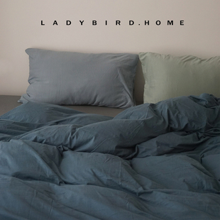 简约纯色柔软四件套 莫兰迪色日式 花大哥 海盐蓝拼色全棉针织棉