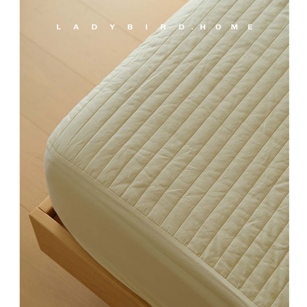 韩国简约直条绗缝40支纯棉床盖床笠 ins榻榻米床垫保护套防滑床套