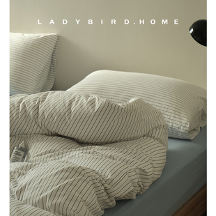 早秋极简白色条纹柔软纯棉a类针织棉四件套天竺纯棉简约被套床笠