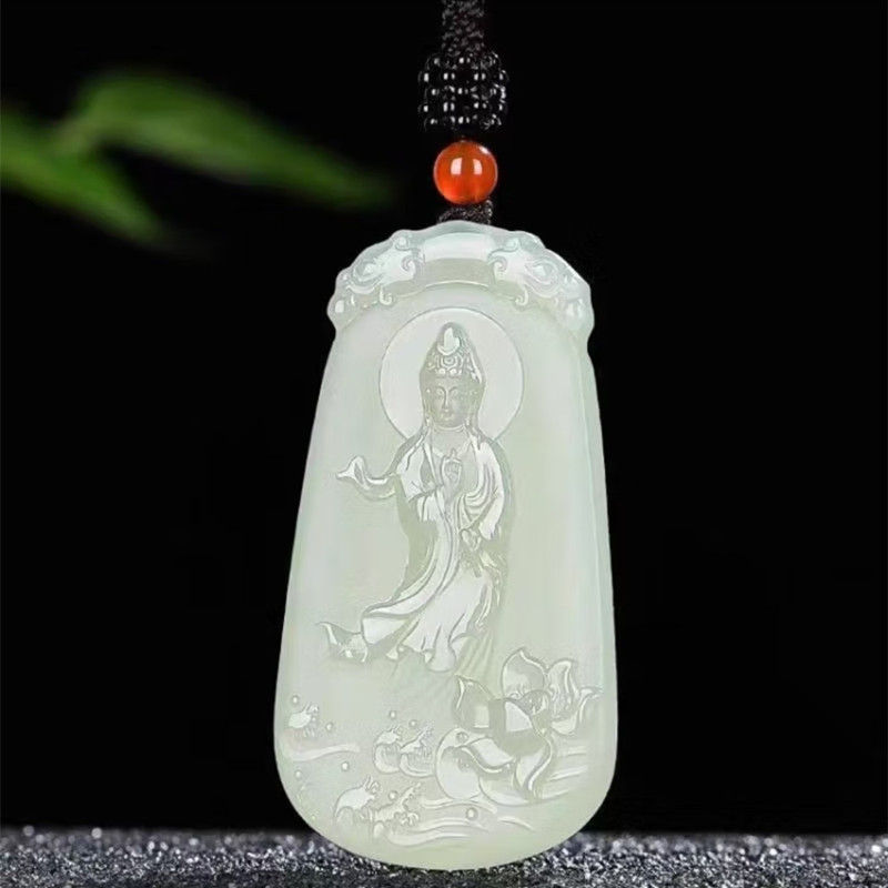 天然青白玉莲花观音玉牌阿富汗玉