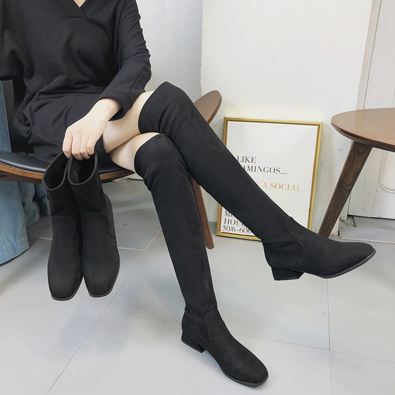 过膝长筒靴女2018秋冬季新款韩版学生高筒靴弹力靴时尚粗跟短筒靴