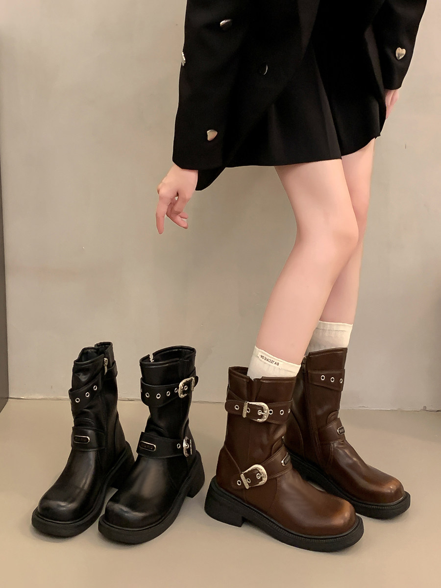 여성을위한 마이 야르 브라운 복고풍 두꺼운 뒤꿈치 마틴 부츠 2024 새로운 가을 겨울 서부 카우보이 부츠 중반 송아지 짧은 부츠