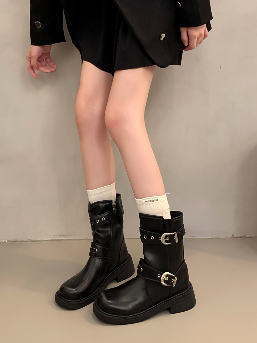 여성을위한 마이 야르 브라운 복고풍 두꺼운 뒤꿈치 마틴 부츠 2024 새로운 가을 겨울 서부 카우보이 부츠 중반 송아지 짧은 부츠