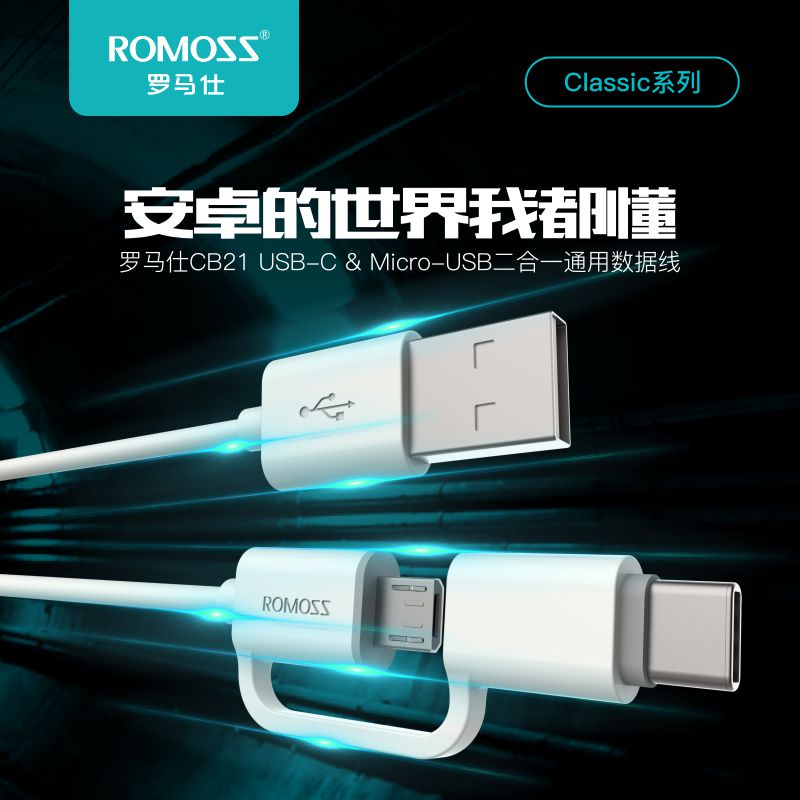 ROMOSS/罗马仕Type-C与Micro-USB二合一2.1A数据线 安卓设备通用