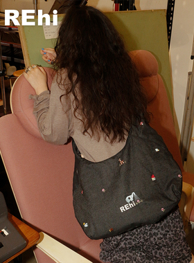 REhi 森林聚会牛仔斜挎包 原创趣味刺绣充棉大容量流浪包单肩包