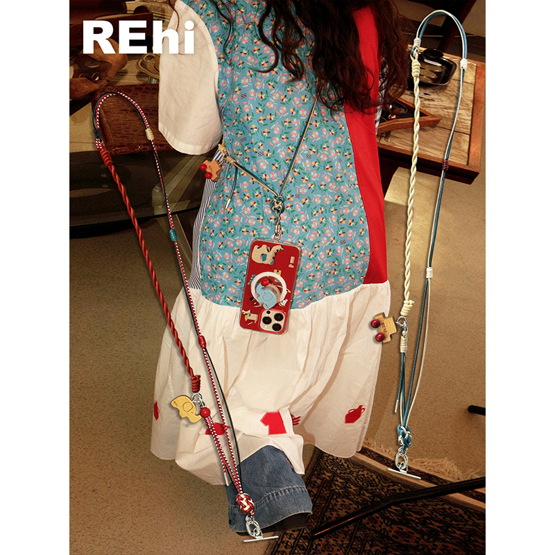 REhi 扭扭节节高手机挂绳 原创拼接设计手工编织挂绳可拆卸斜挎绳
