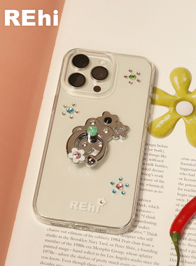 REhi 闪亮花戒指手机壳 原创透明镶嵌仿钻imd壳 金属花朵戒指支架iPhone15 ProMax
