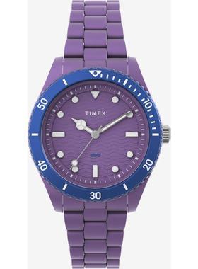 代购Timex天美时女士腕表计时夜光日期测速金属防水钢带紫色商务
