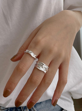 几何褶皱戒指女复古时尚夸张925银凹凸开口指环朋克食指戒潮