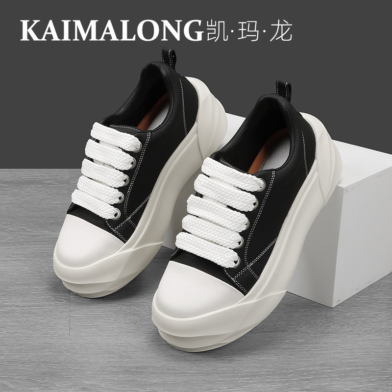 2025新款冬季男士休闲高帮鞋男款潮中帮秋季真皮厚底板鞋黑面白底