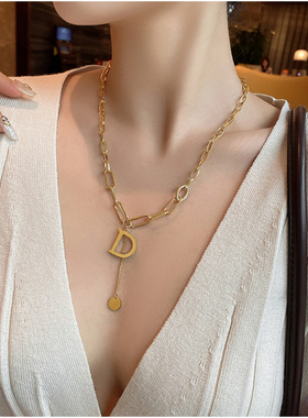 D字毛衣链女秋冬高级感长款字母链条项链轻奢小众锁骨链新款配饰