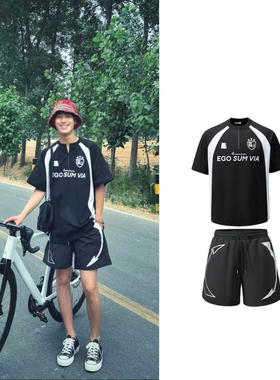 美式hiphop冰丝插肩t恤男夏季小众拼接骑行篮球服潮牌半拉链短袖