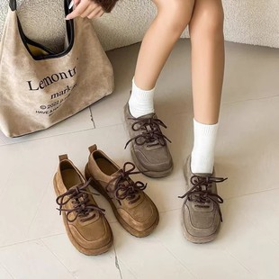 2025新款复古风小皮鞋系带平底鞋勃肯鞋浅口平跟单鞋厚底时装鞋