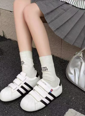 三条杠魔术贴厚底增高德训女鞋