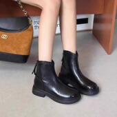 英伦风加绒厚底马丁靴女黑色后拉链粗跟百搭短靴瘦瘦靴