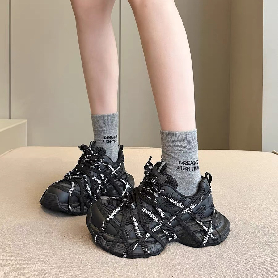 真皮+网！韩版绑带老爹鞋女厚底增高透气百搭炸街休闲运动鞋