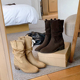 复古绒面真皮堆堆靴女秋冬粗跟中筒靴增高显瘦西部风短靴