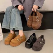 复古加绒勃肯鞋 女松糕厚底增高双扣带一脚蹬保暖乐福鞋