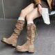 2025秋冬棕色流苏靴子复古废土不过膝骑士靴英伦学院堆堆中筒靴