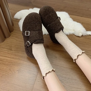 棉鞋 复古布洛克雕花勃肯鞋 女2025秋冬双扣带厚底休闲乐福鞋