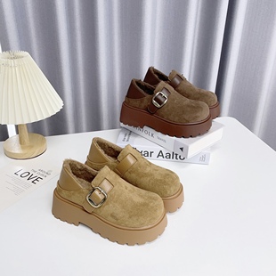 单鞋 复古加绒勃肯鞋 女厚底增高魔术贴一脚蹬复古乐福鞋