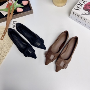 女新款 气质小尖头通勤方扣百搭绒面浅口豹纹单鞋 新款 秋季