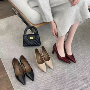 米诗思!漆面尖头通勤高跟鞋女气质浅口百搭小单鞋女鞋