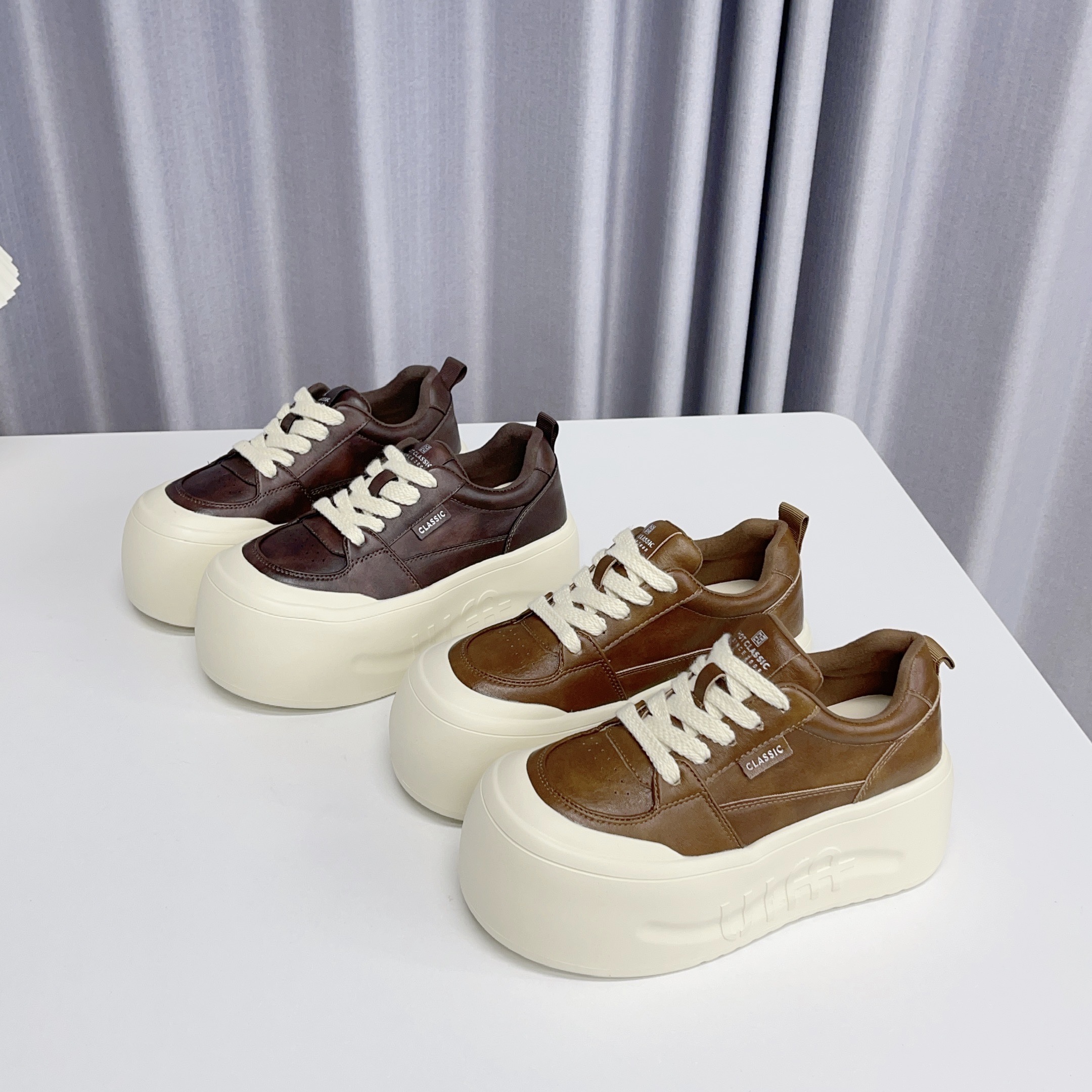 真皮厚底增高休闲面包鞋