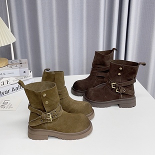 西部酷飒皮带扣骑士靴女厚底短靴机车靴磨砂金属扣女靴