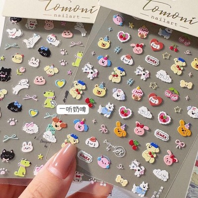 tomoni美甲浮雕蝴蝶结樱桃狗狗猫咪甜点蛋糕复古可爱卡通指甲贴纸