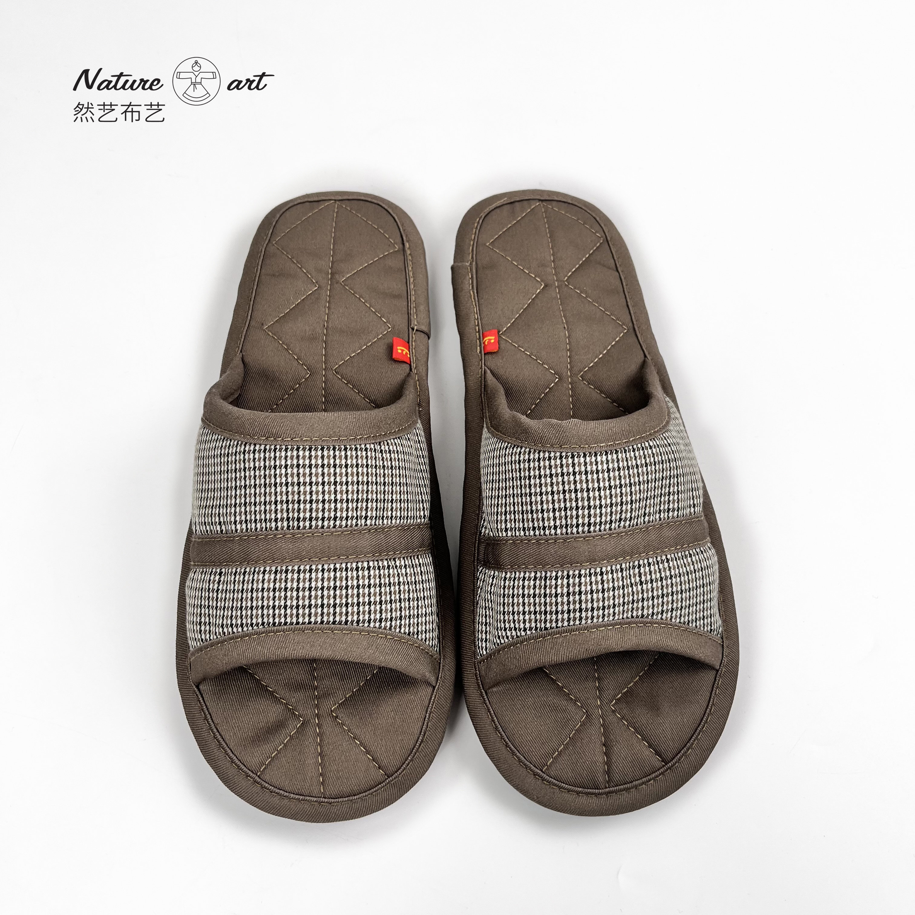 新款然艺布艺纯棉布底简约居家男款地板静音可机洗室内四季拖鞋