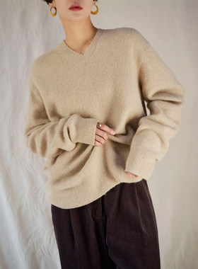 OWNSONG意大利JIN口莎！北欧V领拉毛羊绒衫针织套头加厚毛衣秋冬