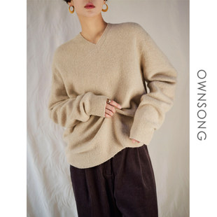 OWNSONG意大利JIN口莎！北欧V领拉毛羊绒衫针织套头加厚毛衣秋冬