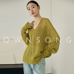 OWNSONG手工钩花！清透感镂空纯棉V领中长宽松纸片人针织罩衫女秋