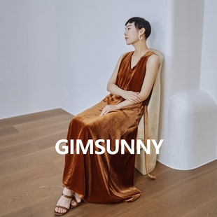 OWNSONG流光溢彩!意大利真丝丝绒系带收腰无袖a字连衣裙长裙春季