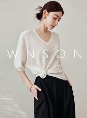 OWNSONG慵懒轻盈 羊绒真丝绸亚麻套头上衣宽松薄款V领针织衫女薄