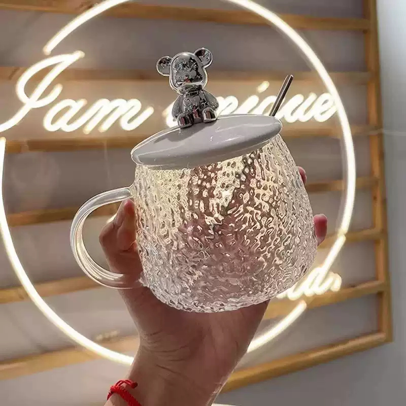 D小熊杯ins高颜值简约玻璃水杯带盖带勺水杯套装创意个性
