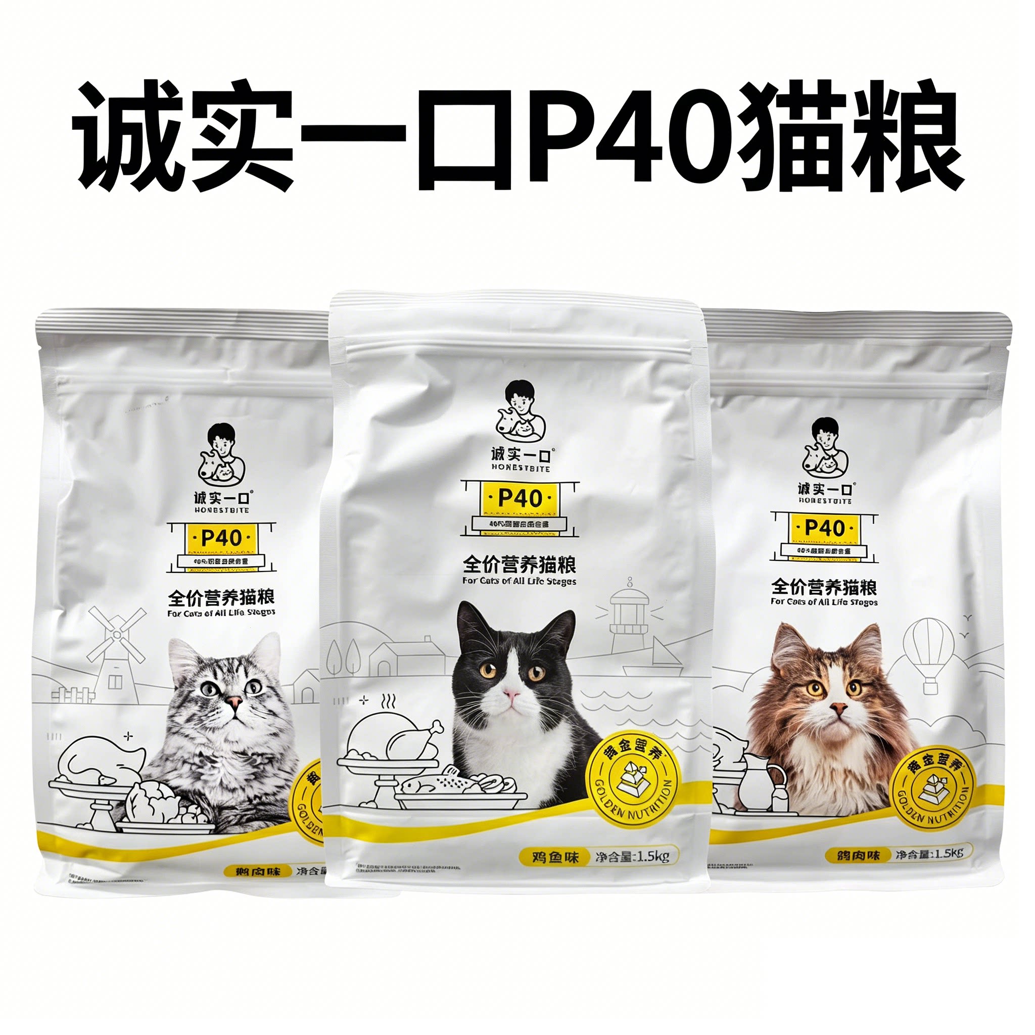 诚实一口P40成猫全期全价猫粮经典鸡鱼1.5KG高鲜大鹅鸽肉PLUS图片