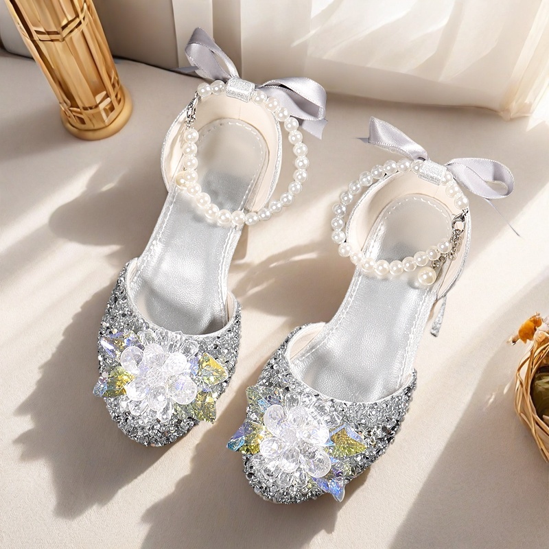 女童高跟鞋公主鞋银色水晶鞋