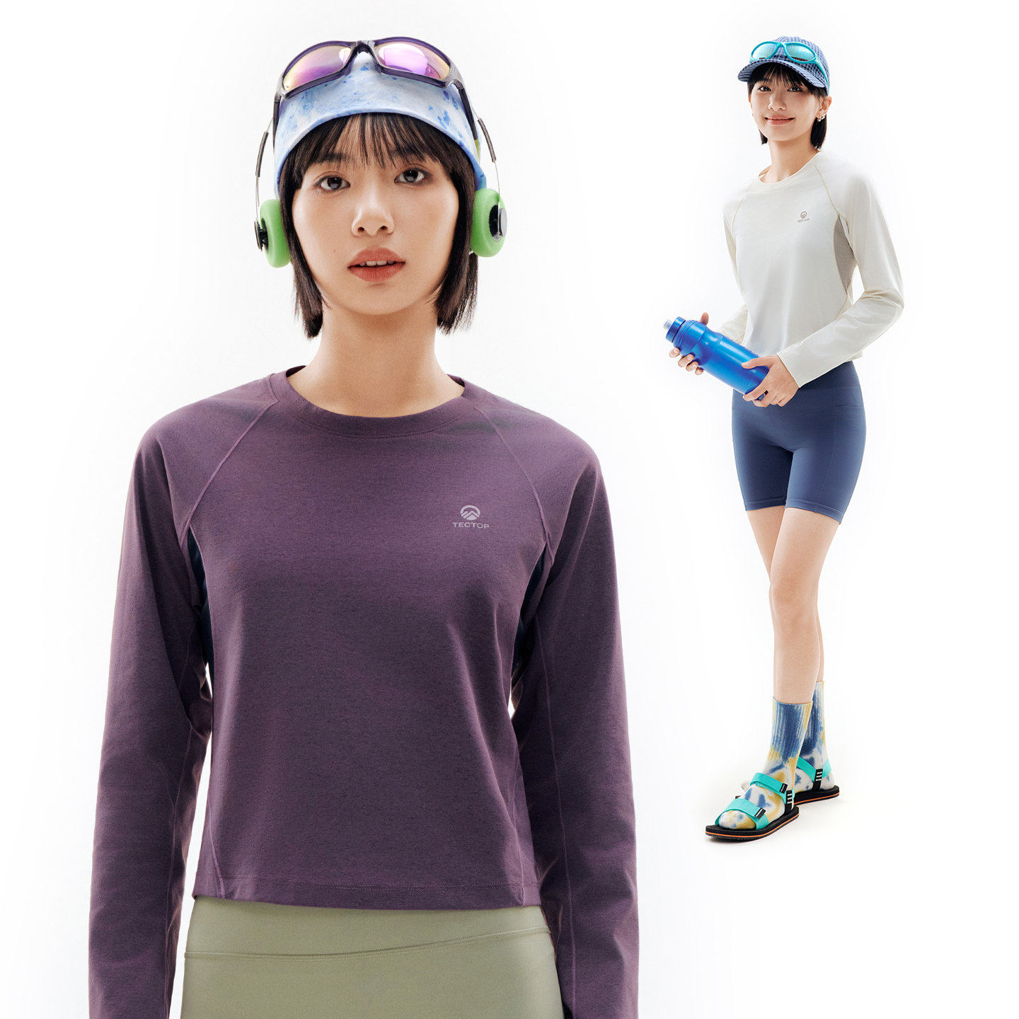 探拓户外长袖速干T恤女士抗菌透气防晒短款拼色吸湿排汗运动上衣