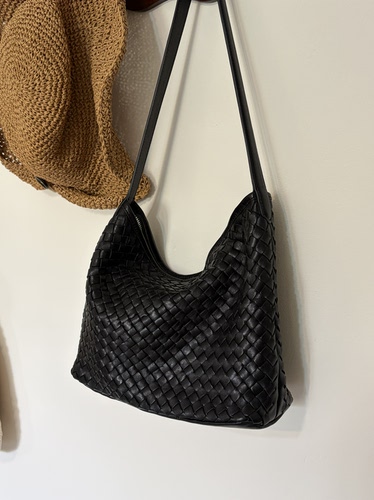 LIGHT.WEAVE【山羊皮编织】经典手工编织包大容量黑色hobo单肩包