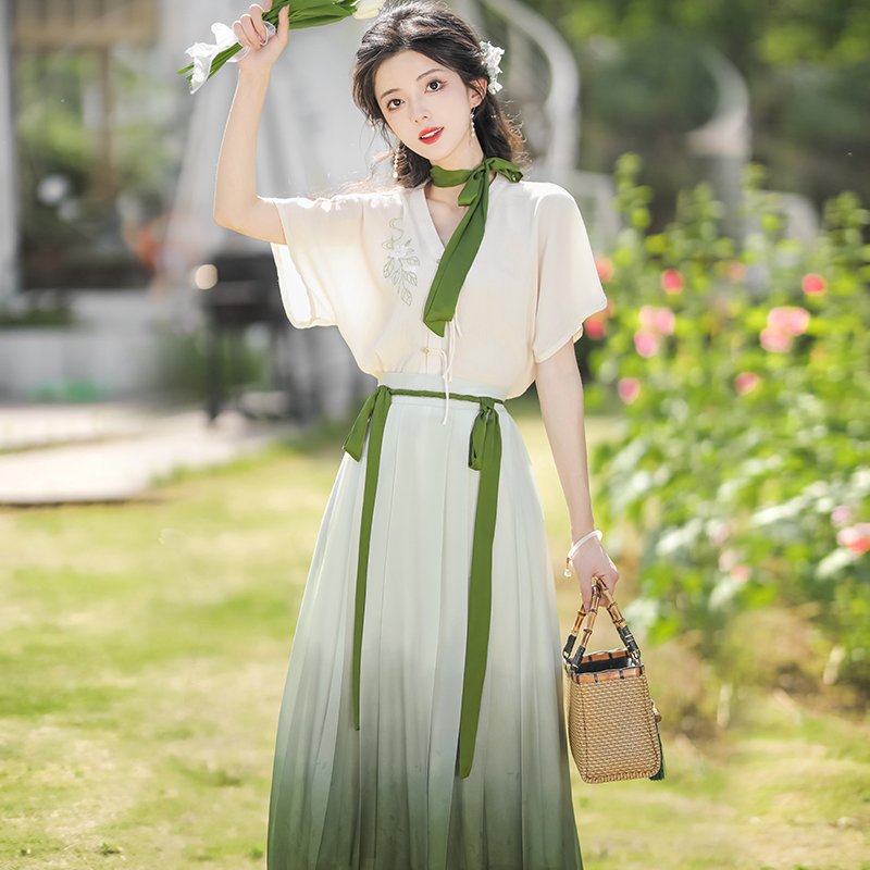 汉如初清茶汉服女新中式中国风改良日常汉元素上衣连衣裙套装-封面